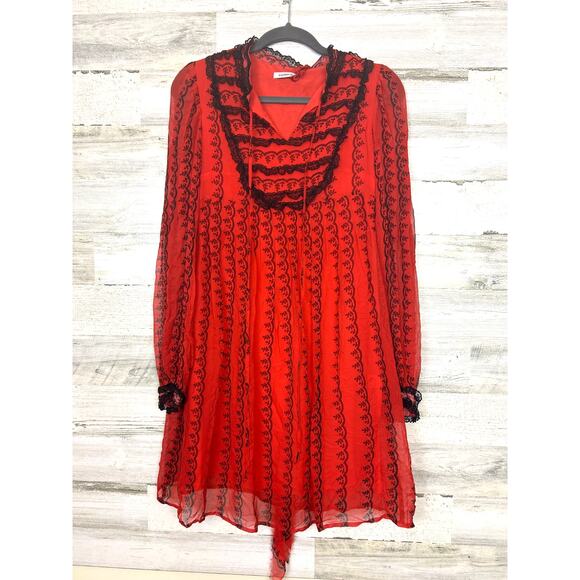 Cacharel Women’s 2 Red Black Silk Embroidered Lined Belted Boho Mini Dress - Picture 1 of 9